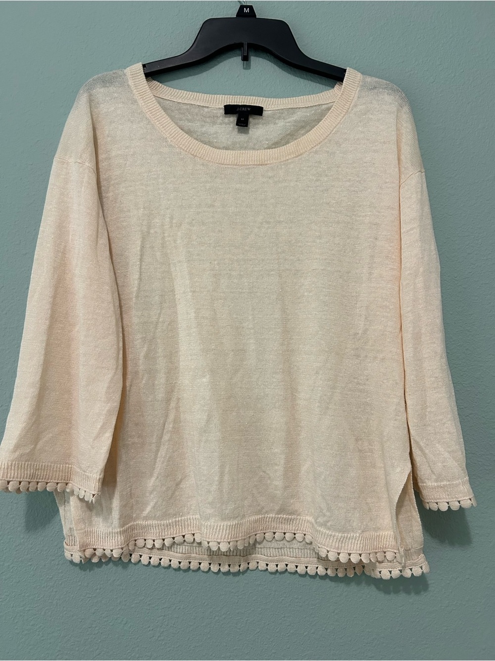 J. Crew Cream Lightweight Pom-Trim Sweater Top Size M
